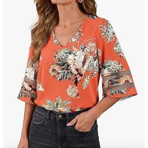 Women's Coral Floral 3/4" Length Sleeve V Neck Blouse  NWT Size Medium